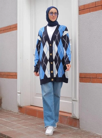 A wholesale clothing model wears  Short Baklava Cardigan - Blue
, Turkish wholesale Cardigan of Berika Yıldırım