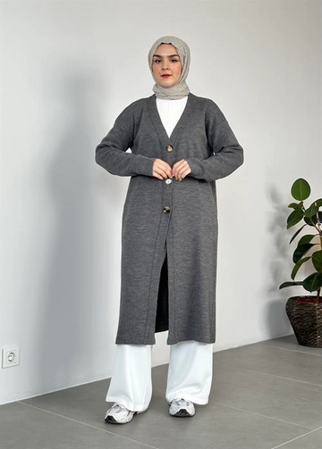 A wholesale clothing model wears  Plain Knitwear Cardigan - Anthracite
, Turkish wholesale Cardigan of Berika Yıldırım