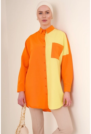 A model wears 10901 - Modest Shirt - Orange, wholesale Shirt of Big Merter to display at Lonca