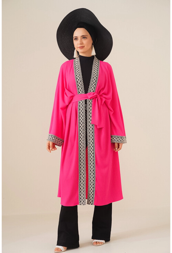 Una modelo de ropa al por mayor lleva 16389 - Kimono - Fuchsia, Kimono turco al por mayor de Bigdart