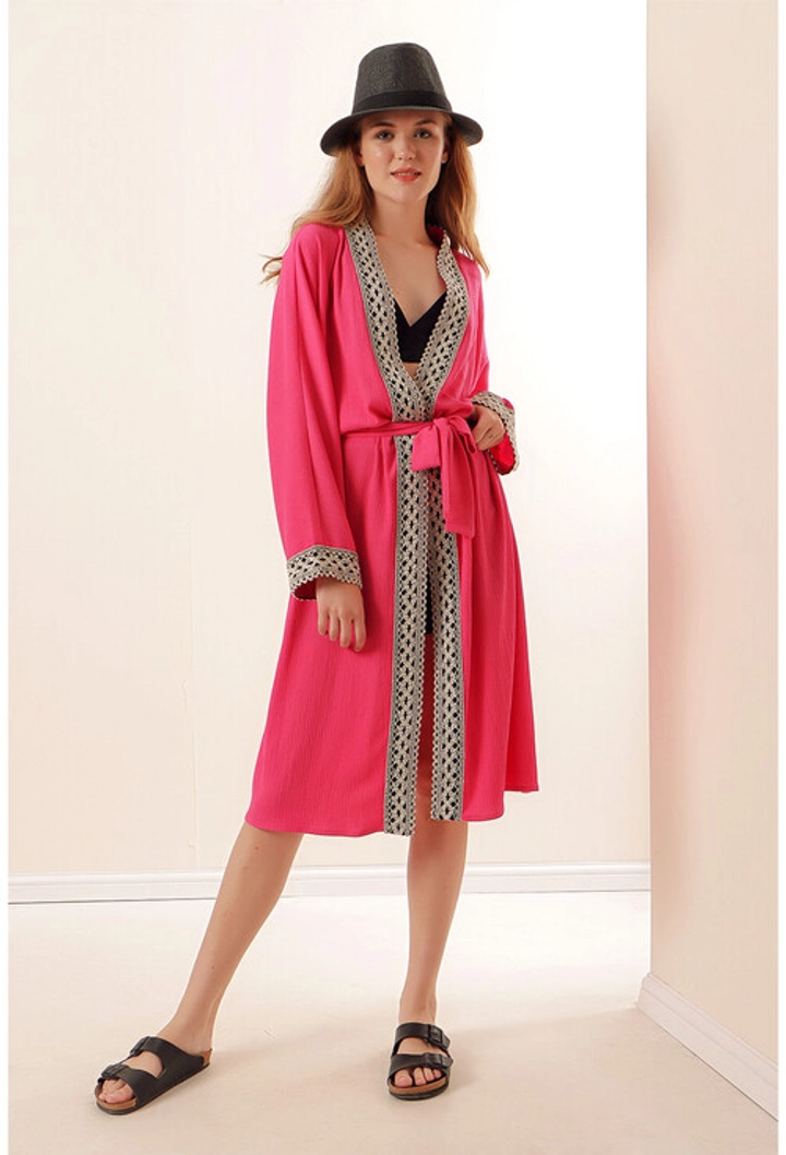 Модель оптовой продажи одежды носит 18504 - Kimono - Fuchsia, турецкий оптовый товар Кимоно от Bigdart.