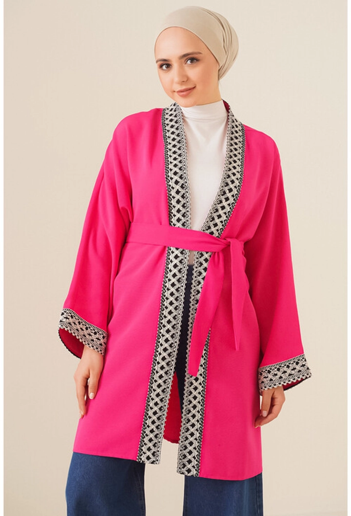 A wholesale clothing model wears 18514 - Kimono - Fuchsia, Turkish wholesale Kimono of Bigdart