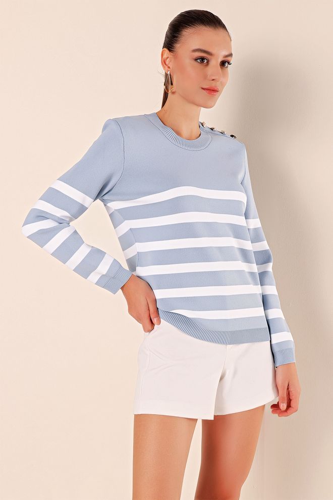 Bigdart Button Detail Striped Sweater Indigo Wholesale Clothing Casual