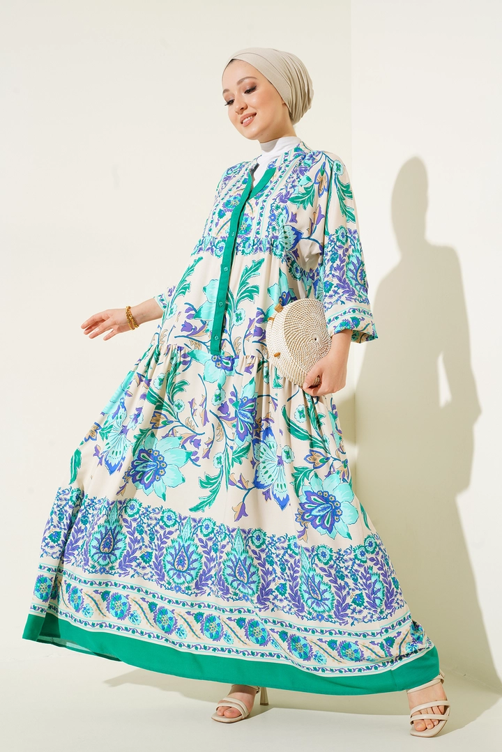A wholesale clothing model wears big10180-authentic-patterned-dress-green, Turkish wholesale Dress of Bigdart