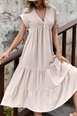 A wholesale clothing model wears big10182-flounce-dress-beige, Turkish wholesale  of 
