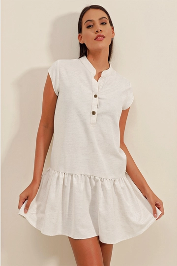 A wholesale clothing model wears  Linen Mini Dress - Ecru
, Turkish wholesale Dress of Bigdart