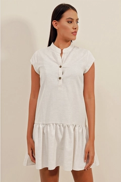 A wholesale clothing model wears big10204-linen-mini-dress-ecru, Turkish wholesale Dress of Bigdart