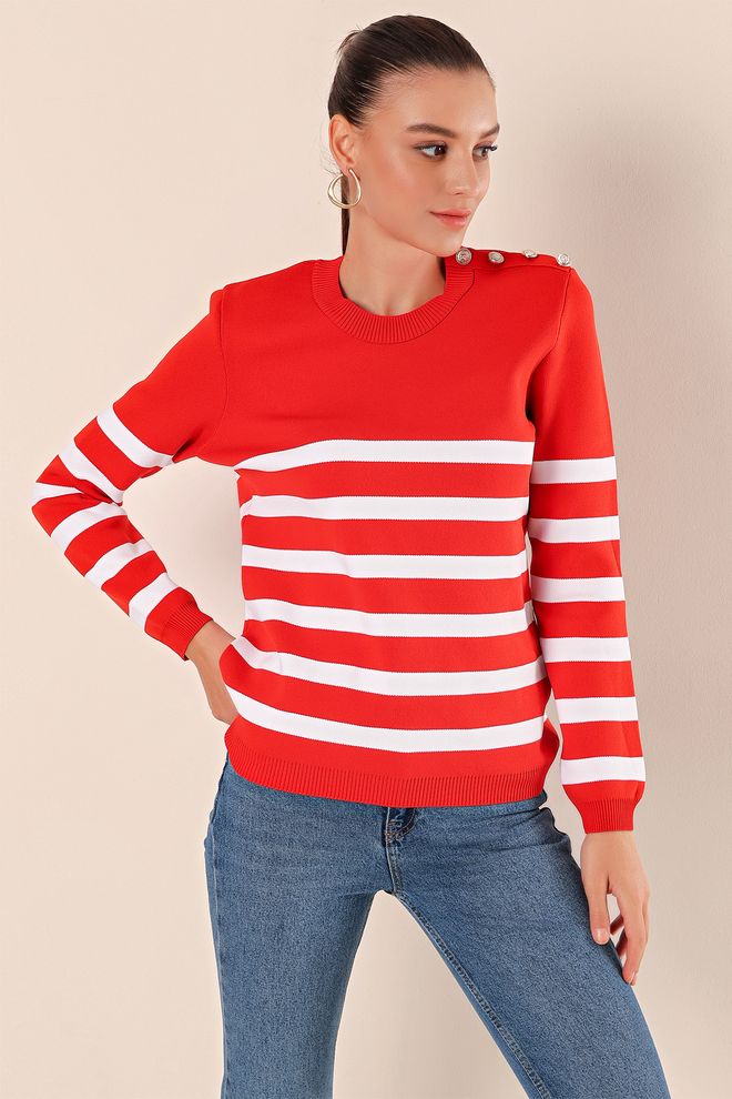 Bigdart Button Detailed Striped Sweater Red Wholesale Clothing Casual
