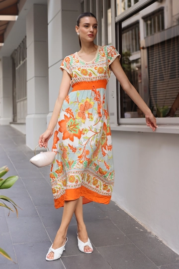 A wholesale clothing model wears  Elastic Waist Patterned Dress - Orange
, Turkish wholesale Dress of Bigdart