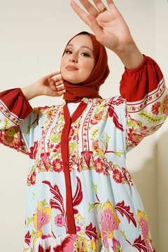 A wholesale clothing model wears big10283-authentic-patterned-hijab-dress-d.-claret-red, Turkish wholesale Dress of Bigdart