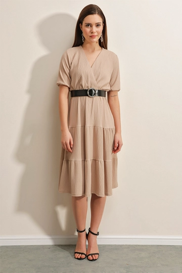 A wholesale clothing model wears  Belted Knitted Dress - Biscuit
, Turkish wholesale Dress of Bigdart