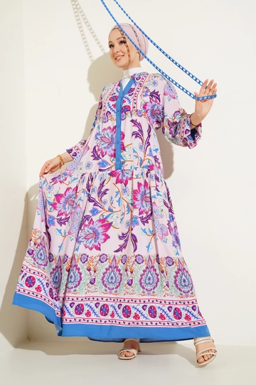 Una modelo de ropa al por mayor lleva  Vestido Estampado Auténtico - Lila
, Vestido turco al por mayor de Bigdart