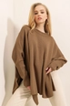 A wholesale clothing model wears big10449-slit-poncho-sweater-tan, Turkish wholesale  of 