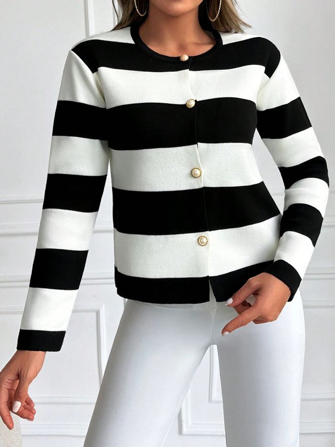 Bigdart Cardigan Curto Listrado Preto Roupas por atacado 0