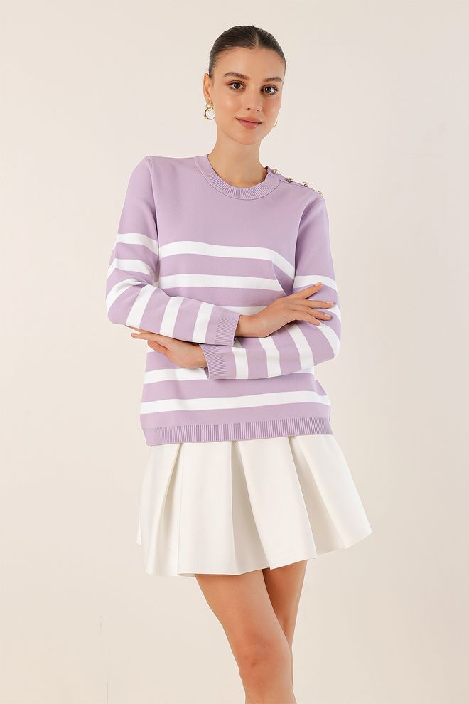 Bigdart Button Detailed Striped Sweater Lilac Wholesale Clothing Casual