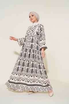 A wholesale clothing model wears big10477-authentic-patterned-dress-ecru, Turkish wholesale Dress of Bigdart