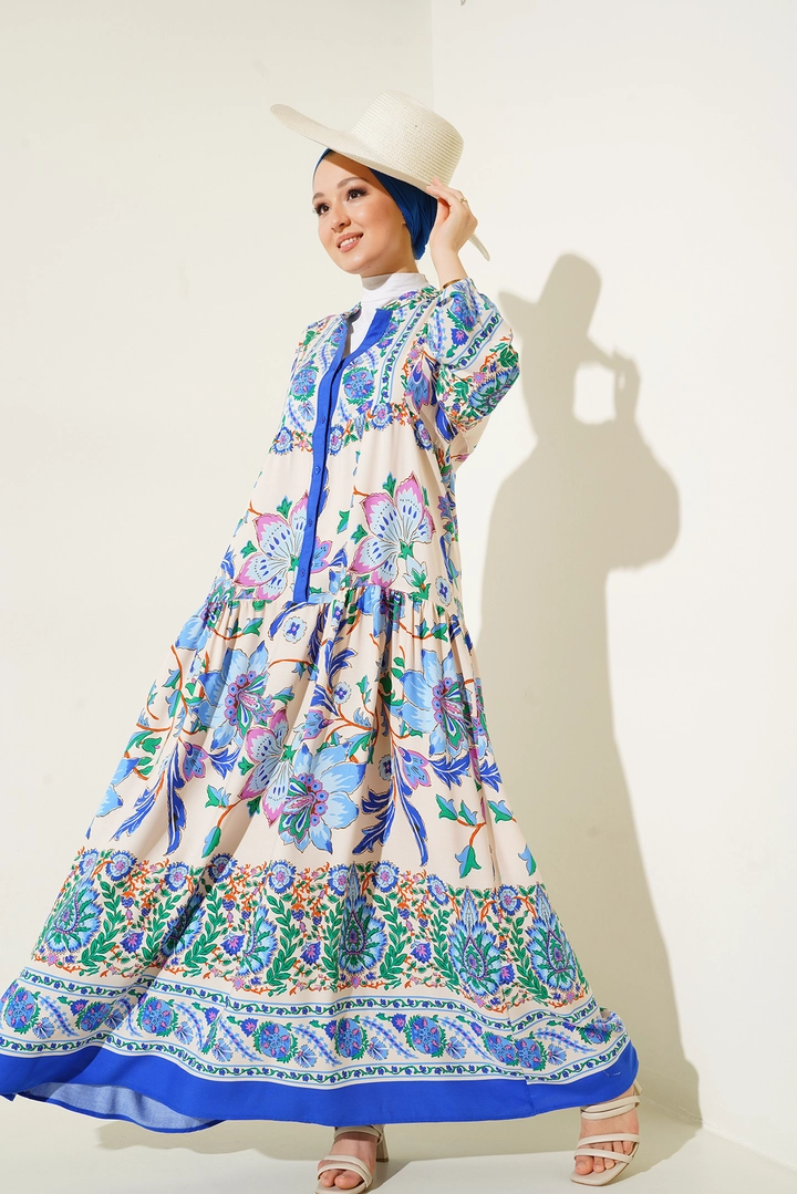 A wholesale clothing model wears big10495-authentic-patterned-dress-navy-blue, Turkish wholesale Dress of Bigdart