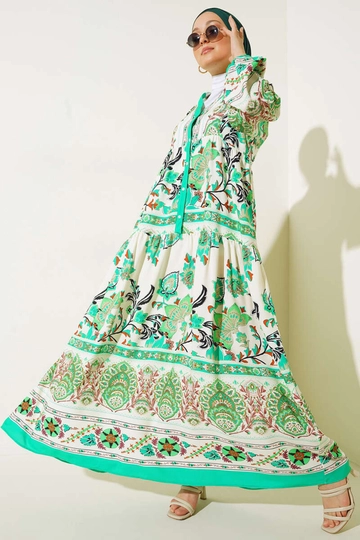 A wholesale clothing model wears  Authentic Patterned Hijab Dress - Green
, Turkish wholesale Dress of Bigdart