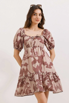 A wholesale clothing model wears big10543-flared-poplin-dress-dried-rose, Turkish wholesale Dress of Bigdart
