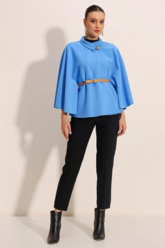 A wholesale clothing model wears big10553-belted-stash-poncho-blue, Turkish wholesale Poncho of Bigdart
