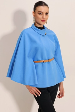 A wholesale clothing model wears big10553-belted-stash-poncho-blue, Turkish wholesale Poncho of Bigdart