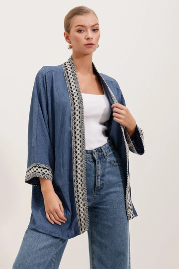A wholesale clothing model wears  Embroidered Knitted Kimono - Indigo
, Turkish wholesale Kimono of Bigdart