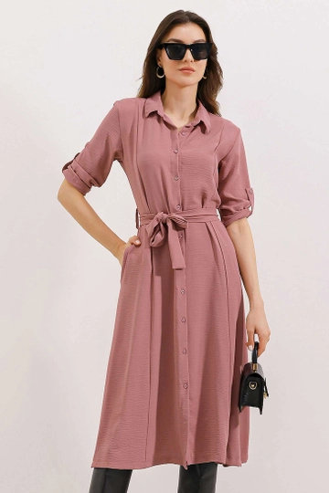 A wholesale clothing model wears  Belted Shirt Dress - Dusty Rose
, Turkish wholesale Dress of Bigdart