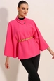 A wholesale clothing model wears big10709-belted-stash-poncho-fuchsia, Turkish wholesale  of 