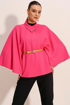 A wholesale clothing model wears big10709-belted-stash-poncho-fuchsia, Turkish wholesale Poncho of Bigdart