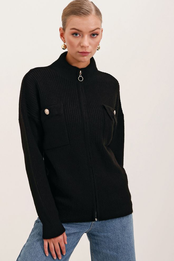 Bigdart Zippered Knitted Cardigan With Pocket Detail Black Wholesale Clothing Casual