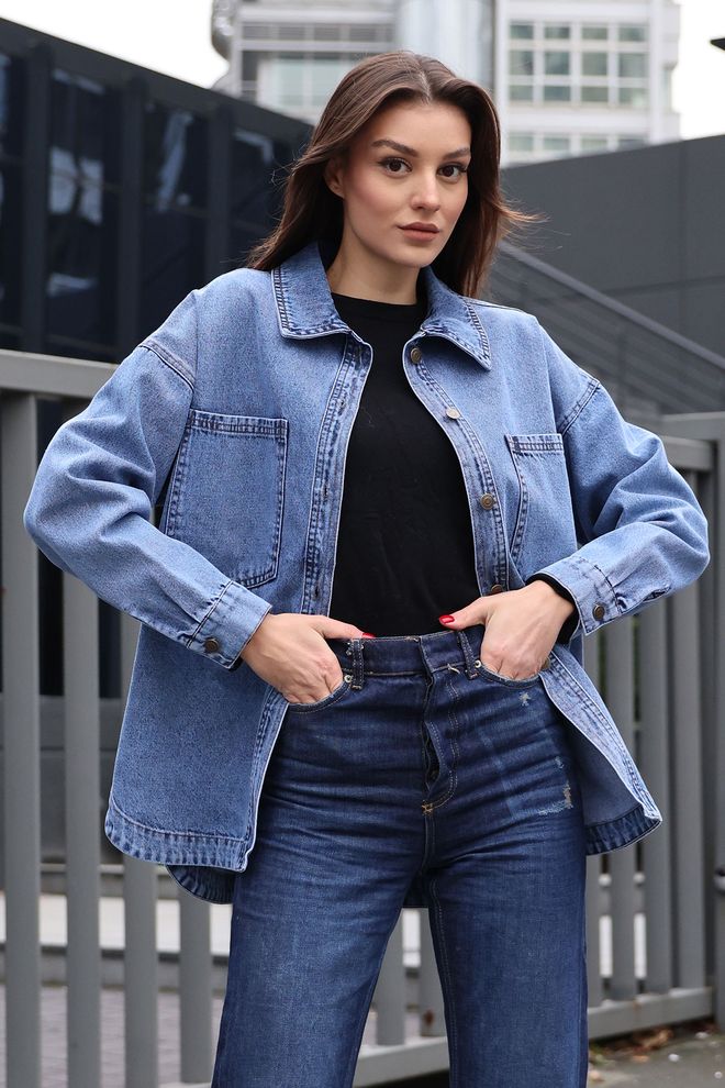 Bigdart Denim Jacket With Pockets Dark Blue Wholesale Clothing Modest