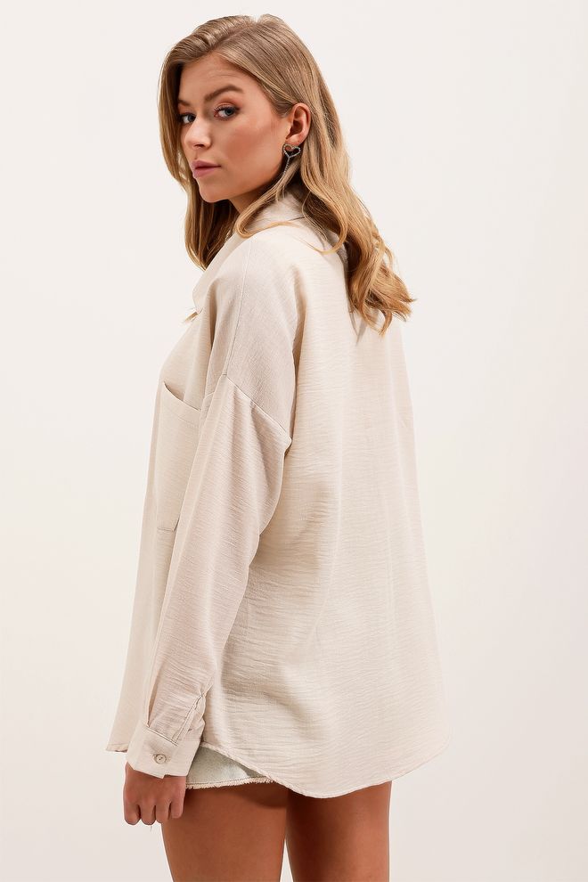 Bigdart Tek Cepli Oversize Keten Gömlek Krem Toptan Giyim Resmi