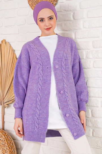 A wholesale clothing model wears  Knitwear Cardigan - Dark Lilac
, Turkish wholesale Cardigan of Bigdart