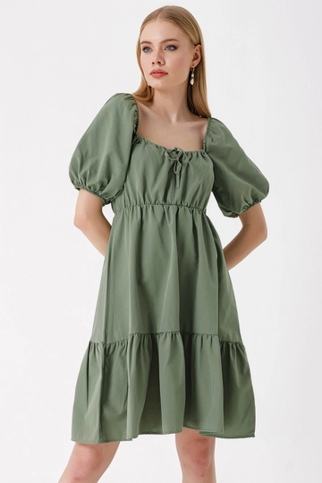 A wholesale clothing model wears  Flared Poplin Dress - Khaki
, Turkish wholesale Dress of Bigdart