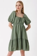 A wholesale clothing model wears big10820-flared-poplin-dress-khaki, Turkish wholesale  of 