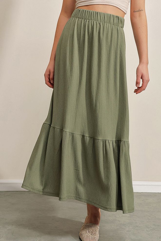 Bigdart Ilgas Megztas Sijonas Chaki Didmeninė prekyba drabužiais Apykaklė su įkirpimu