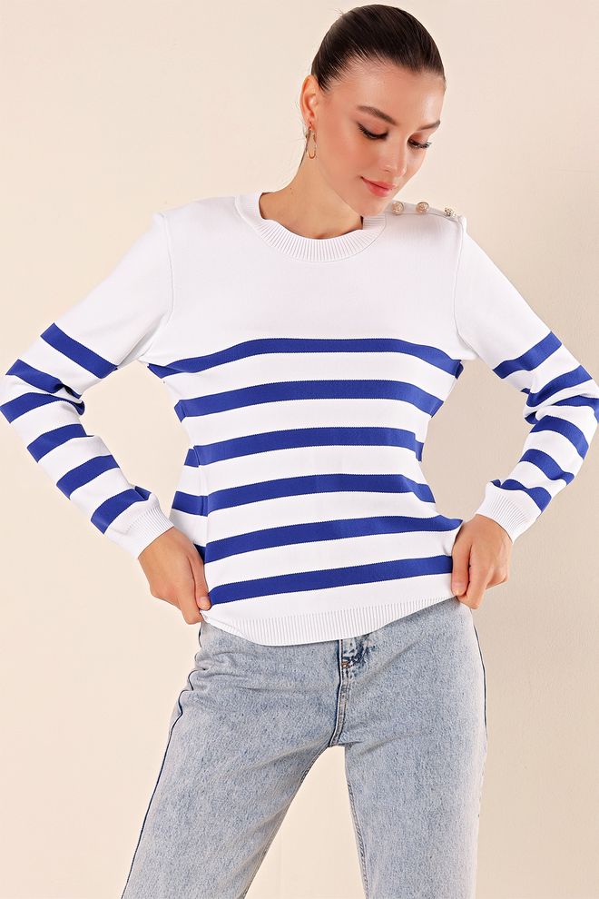 Bigdart Button Detailed Striped Sweater C.saks Wholesale Clothing Casual