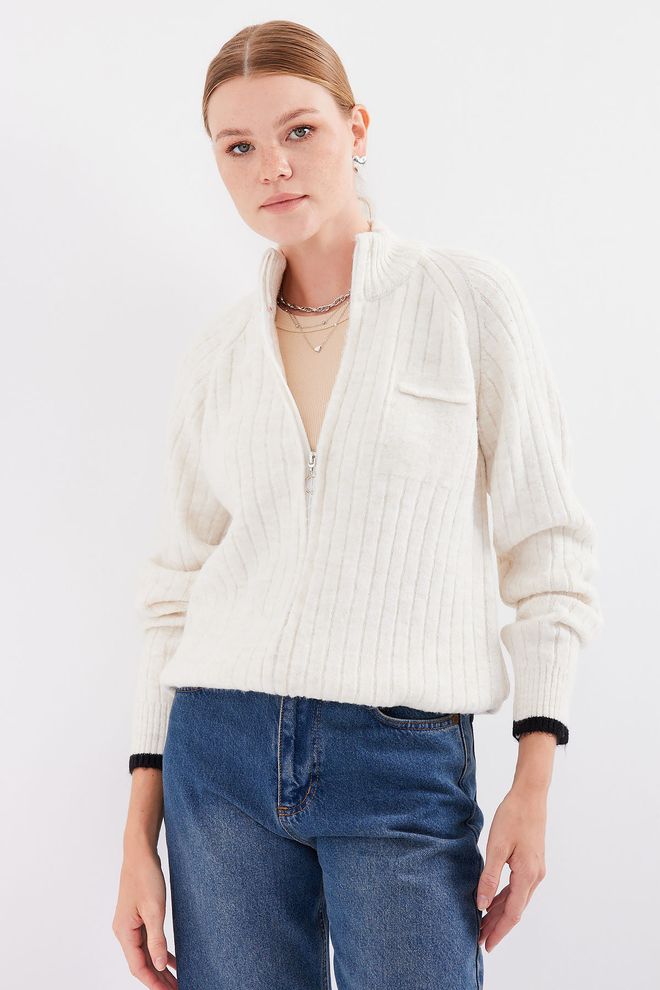 Bigdart Zippered Knitwear Cardigan Ecru Wholesale Clothing Casual