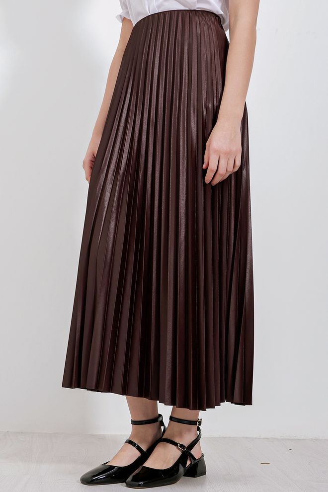 Bigdart Plisirana Suknja Izgleda Kože Smeđa Veleprodaja odjeće Poliester