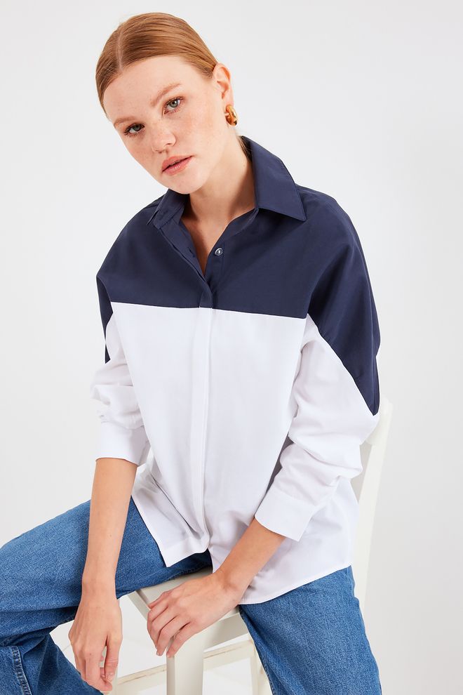 Bigdart Chemise Oversize Color Block Bleu Marine Vêtements en gros Décontracté