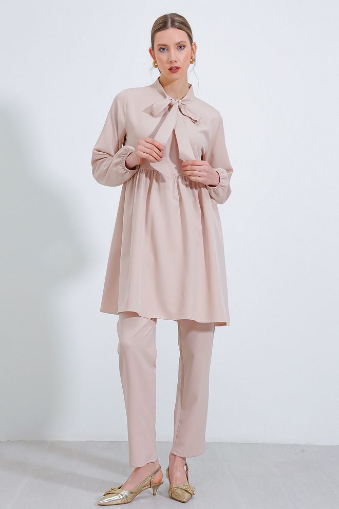Bigdart Krem Örme Pantolon Tunik Alt Üst Takım 6654 Toptan Giyim Tesettür