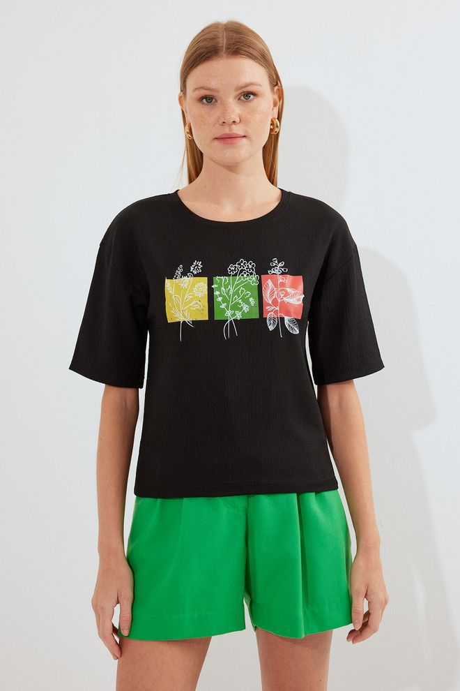 Bigdart Bedrucktes Gestricktes Basic T Shirt – Schwarz Großhandelskleidung Lässig