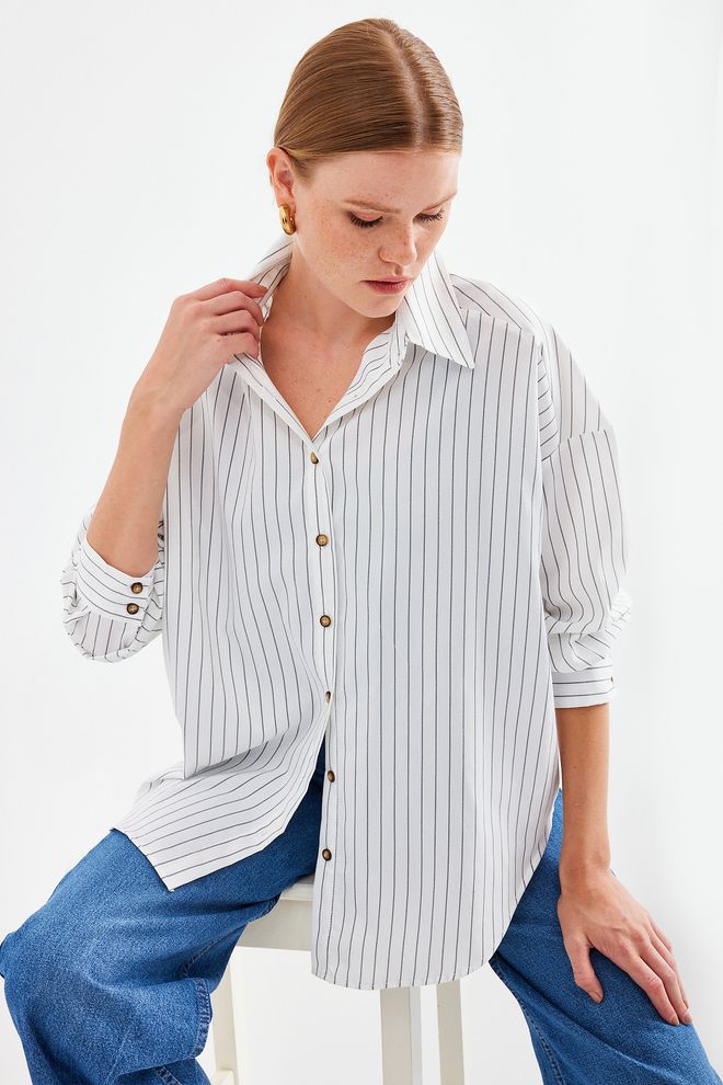 Bigdart Camisa Básica Larga Oversize A Rayas Blanco Ropa al por mayor Formal