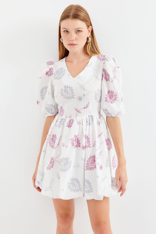 Bigdart Mini robe Évasée À Motif Et Col En V Écru Vêtements en gros Décontracté