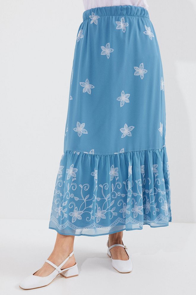 Bigdart Patterned Chiffon Skirt Indigo Wholesale Clothing Polyester