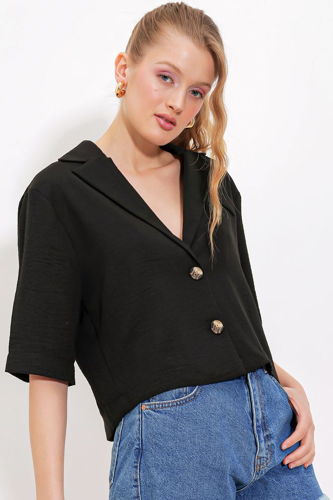 Bigdart Siyah Çift Düğmeli Oversize Crop Keten Ceket Toptan Giyim Gündelik