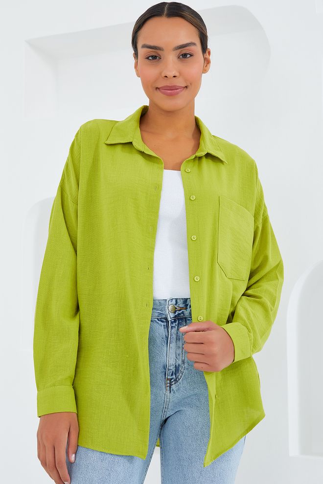 Bigdart Camicia Oversize In Lino Con Tasca Singola Verde Petrolio Abbigliamento all'ingrosso Lino