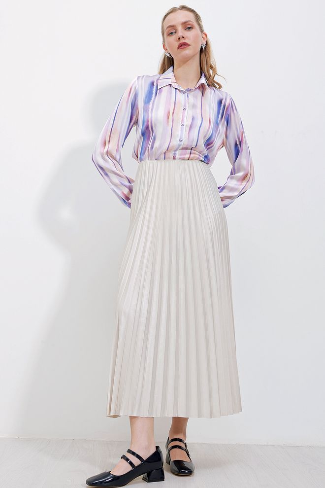 Bigdart Plisirana Suknja U Izgledu Kože Krem Veleprodaja odjeće Poliester