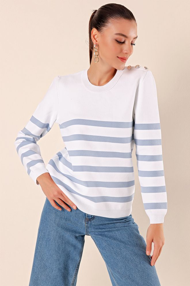 Bigdart Gestreepte Trui Met Knoopdetails C. Indigo Groothandel Kleding Casual