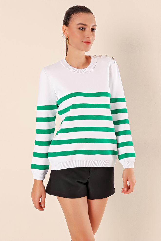 Bigdart Button Detail Striped Sweater C.green Wholesale Clothing Casual